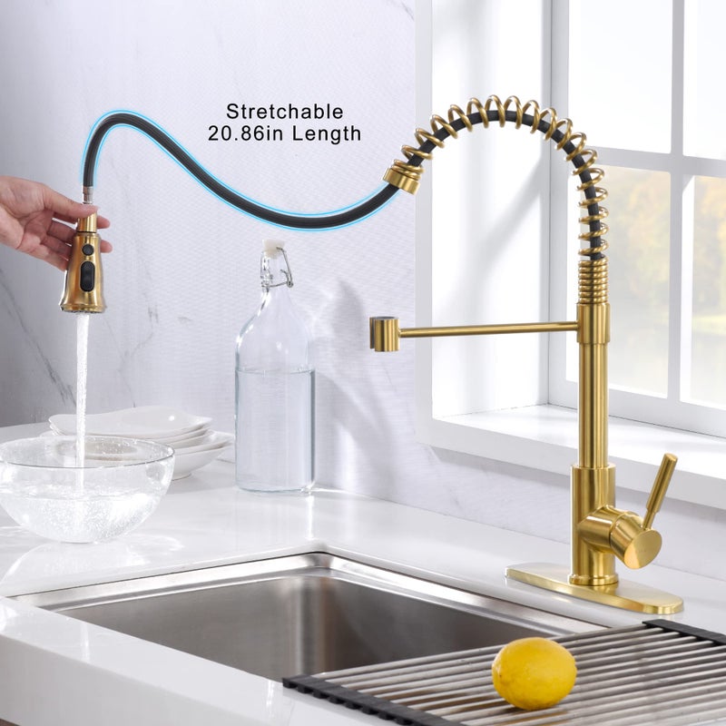 SOKA Kitchen Sink Faucet with Dual Function Solid Single Handle w/Deck Plate Pull Down Sprayer Spring Kitchen Faucet, Brushed Gold (SK5001AR) - Image 4